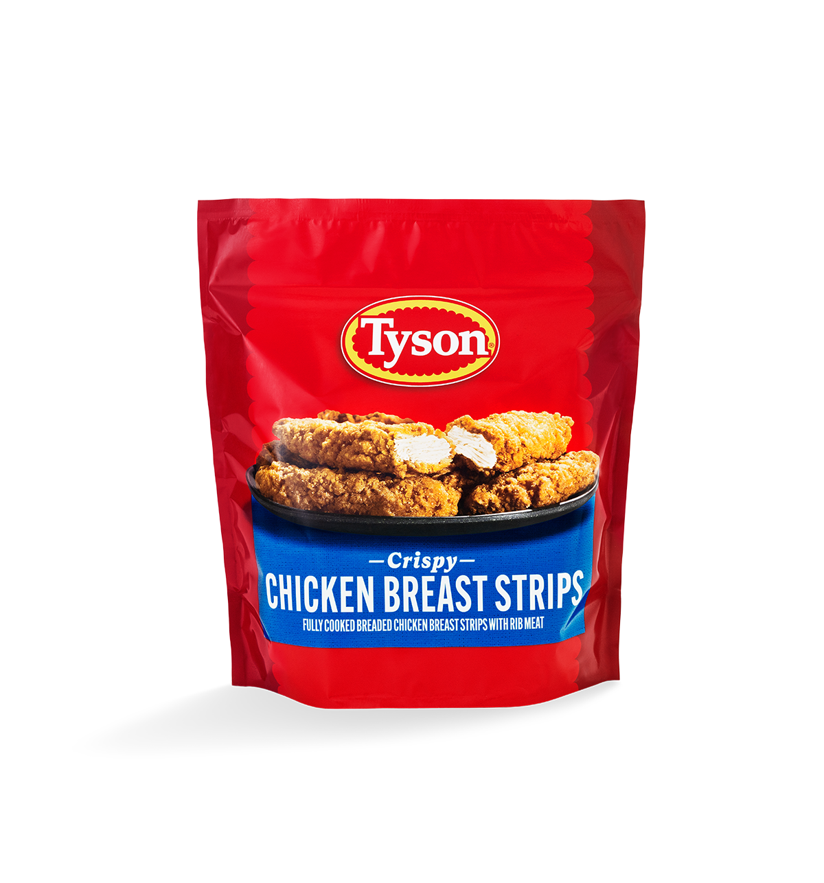 Tyson Frozen Crispy Chicken Breast Strips in red packaging, made with all natural chicken and crispy golden breading