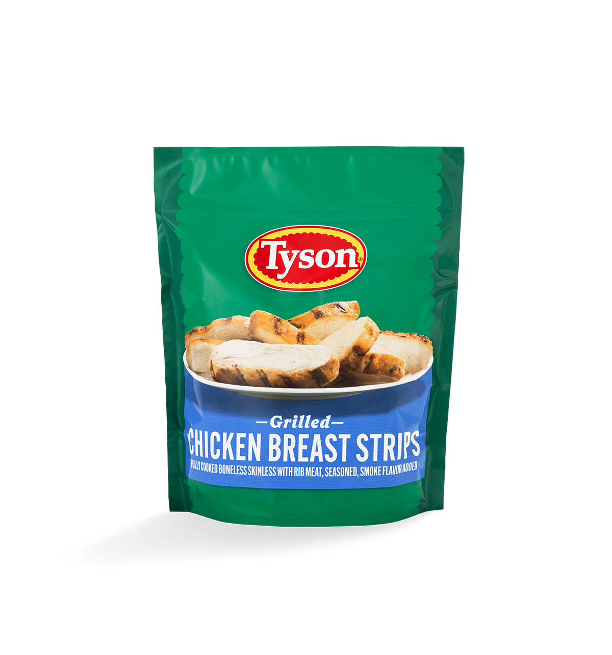 Tyson Frozen Grilled Chicken Breast Strips in green packaging, made with 100% all natural white meat chicken